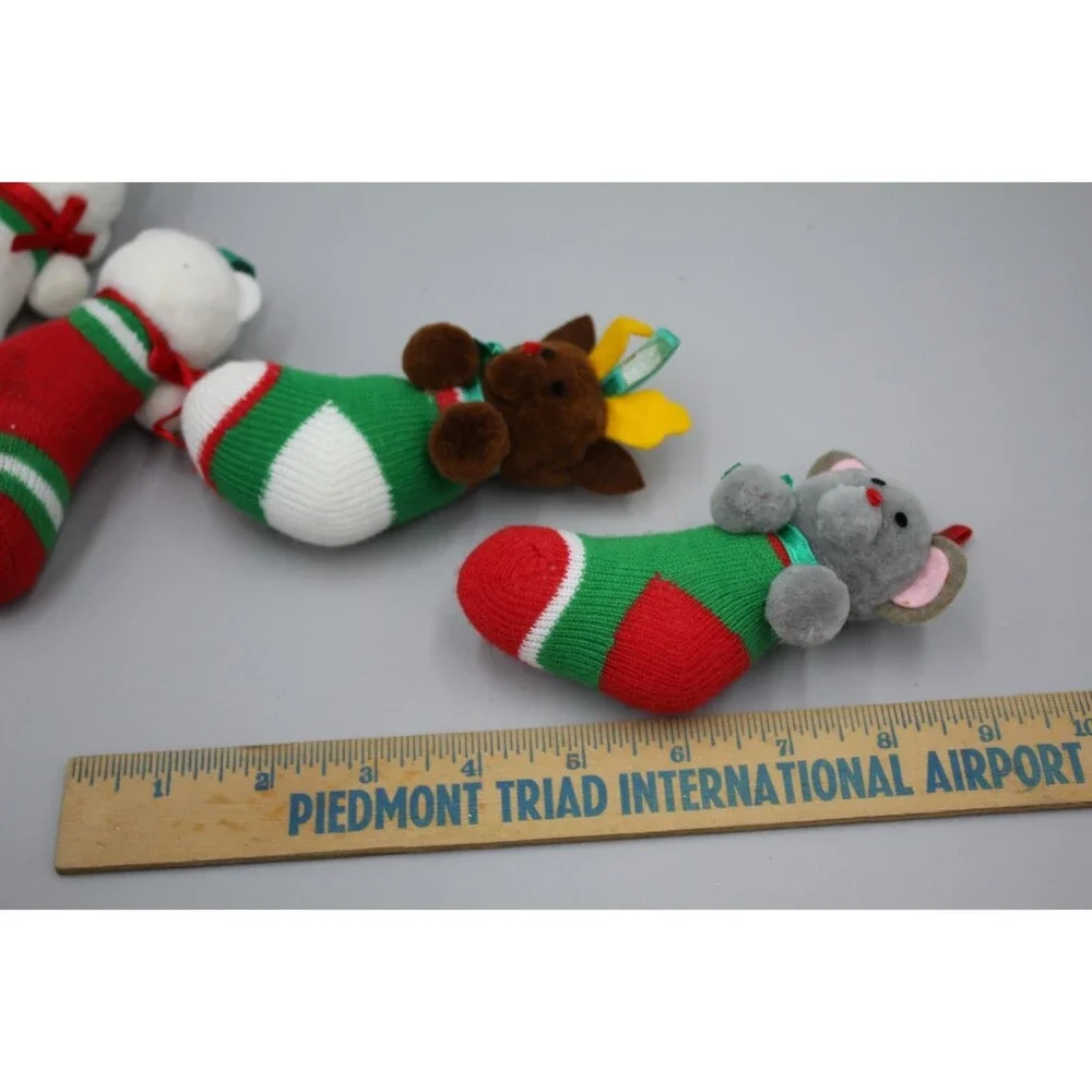 Vintage Stockings MCM Christmas Decor Lot Of 4 Unicorn Bear Sock Reindeer Mouse